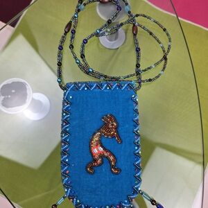 Kokopelli Handmade Beaded Aqua Blue Velvet Crossbody Pouch